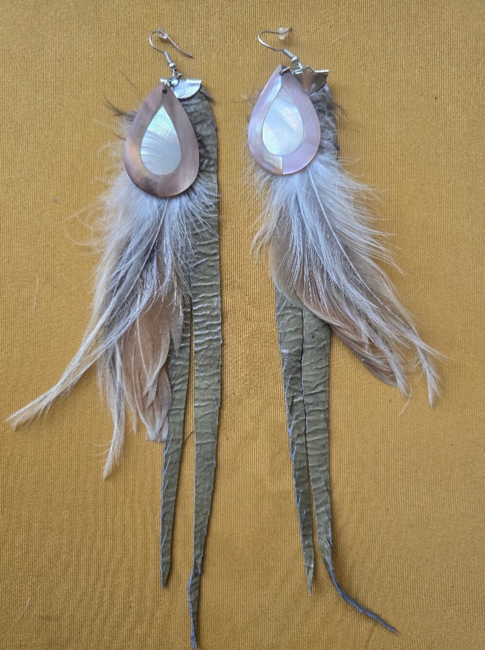 New! Feather Leather Earrings Mother of Pearl Charm Handcrafted Boho Jewelry